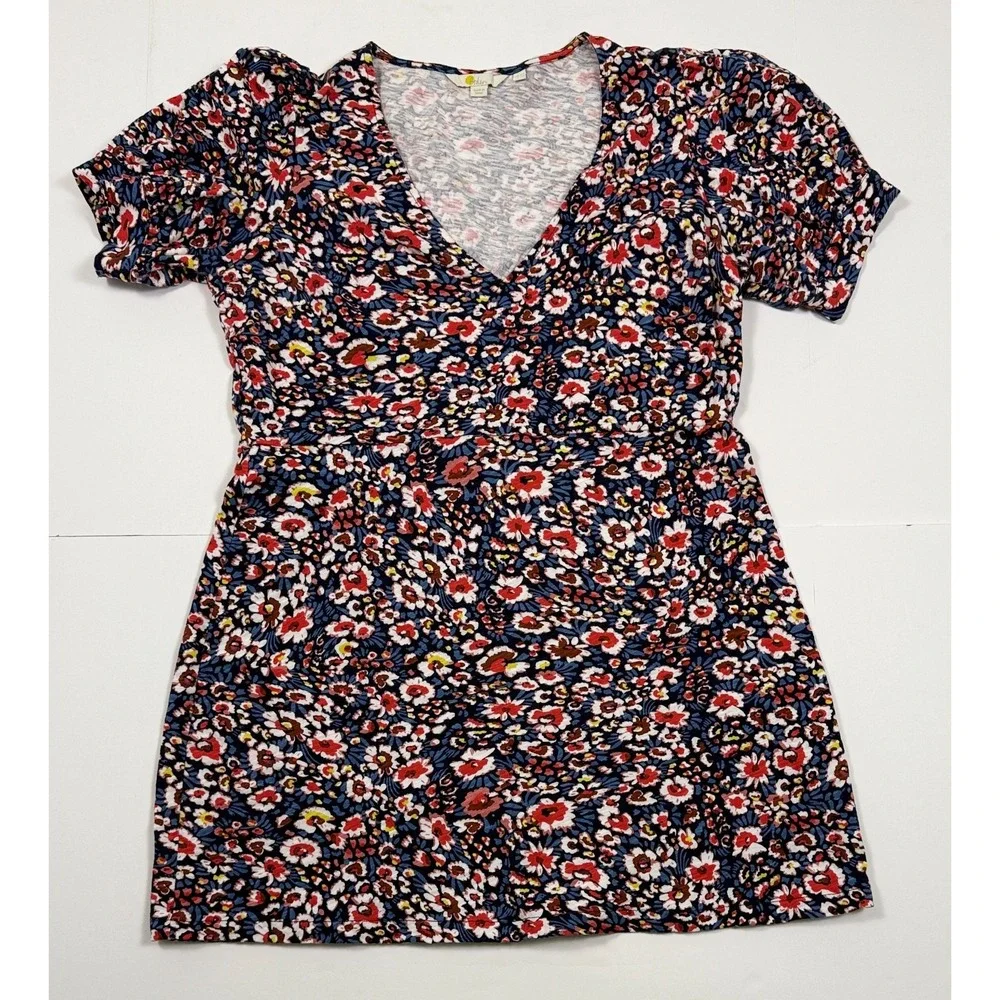 Boden Floral Cotton‎ Knit Dress Short Sleeve V-Neck Blue Red Size 12P